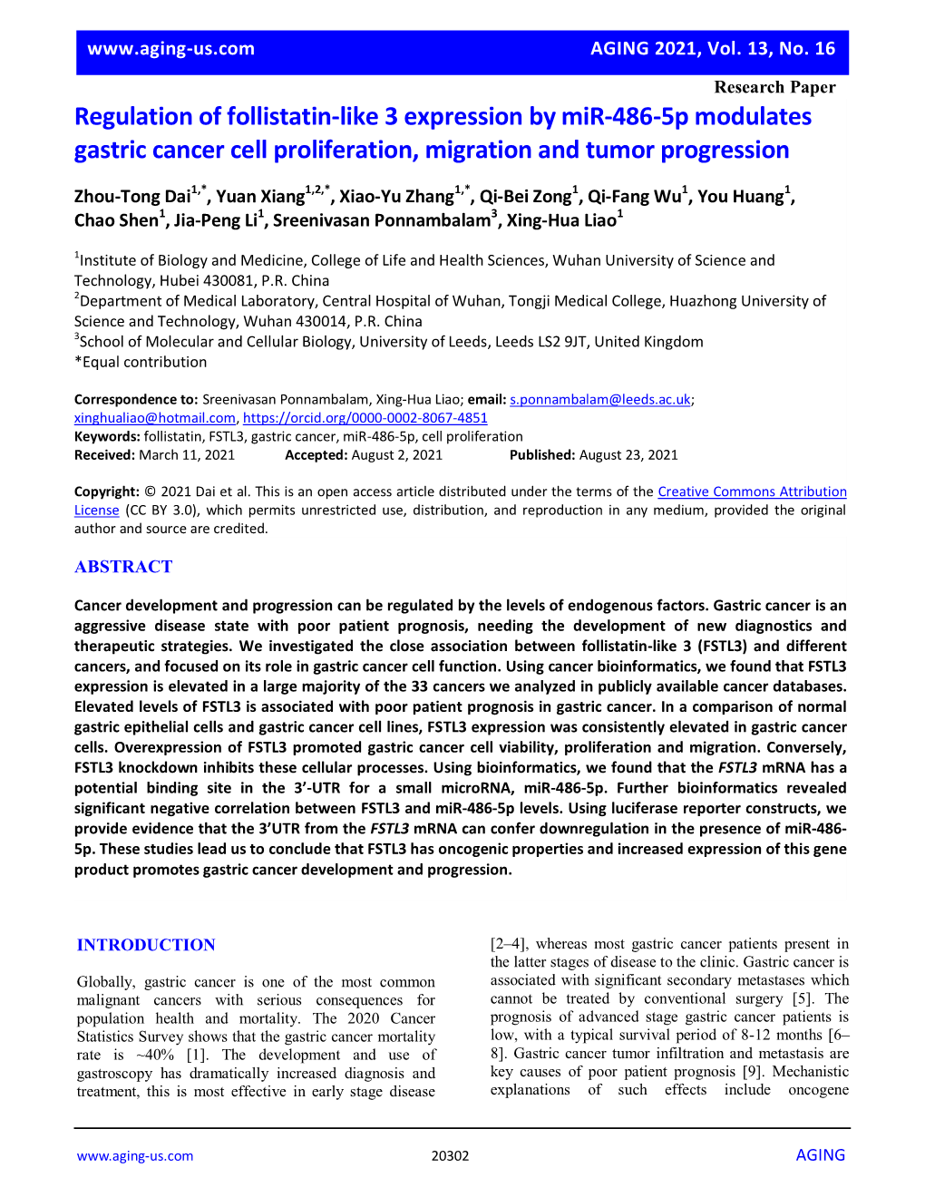 Regulation of Follistatin-Like 3 Expression by Mir-486-5P Modulates Gastric Cancer Cell Proliferation, Migration and Tumor Progression