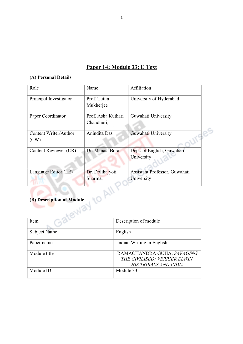 Paper 14; Module 33; E Text (A) Personal Details