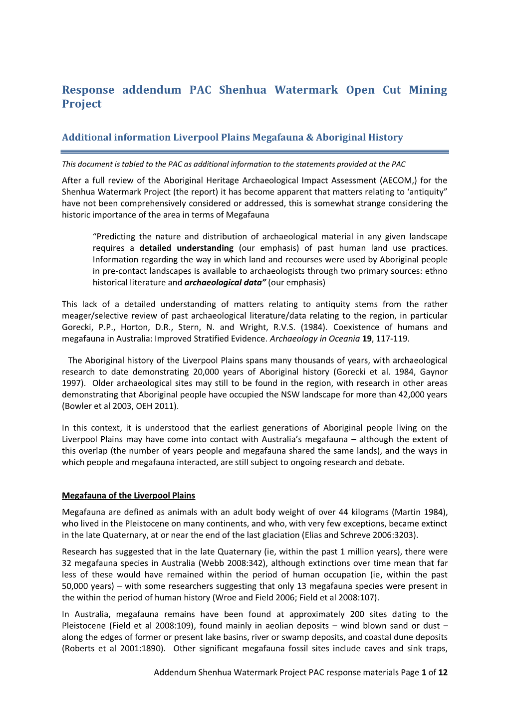 Response Addendum PAC Shenhua Watermark Open Cut Mining Project