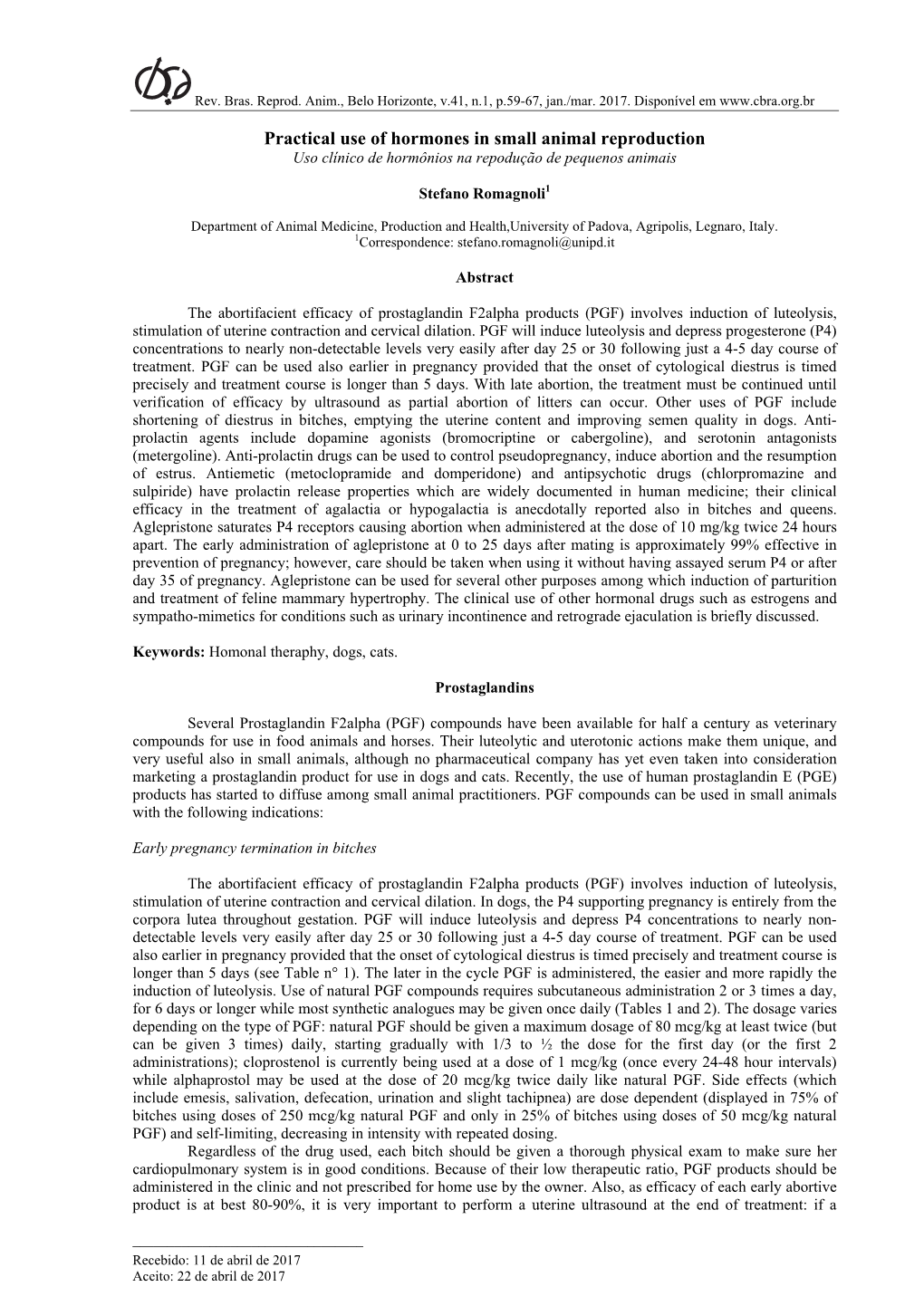 Practical Use of Hormones in Small Animal Reproduction Uso Clínico De Hormônios Na Repodução De Pequenos Animais