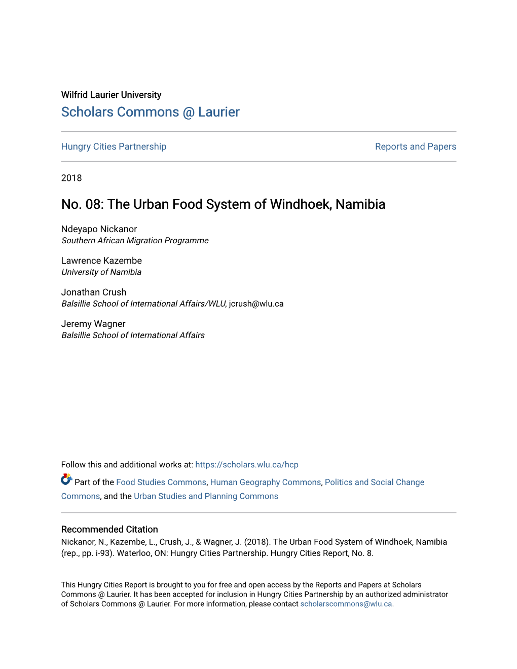 The Urban Food System of Windhoek, Namibia