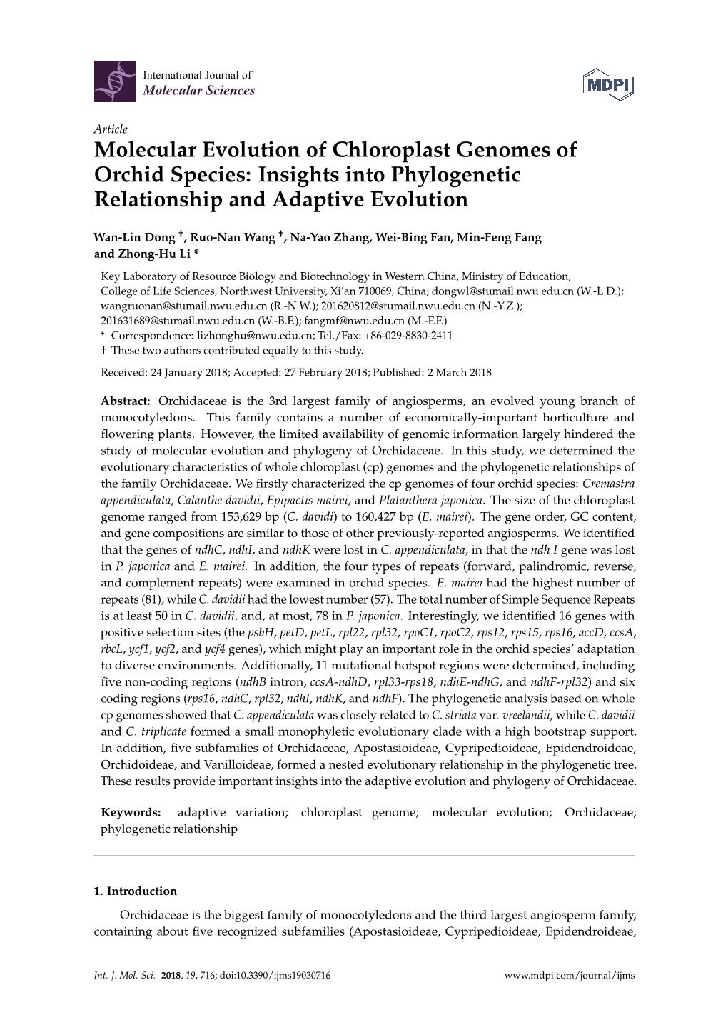 Molecular Evolution of Chloroplast Genomes of Orchid Species: Insights Into Phylogenetic Relationship and Adaptive Evolution