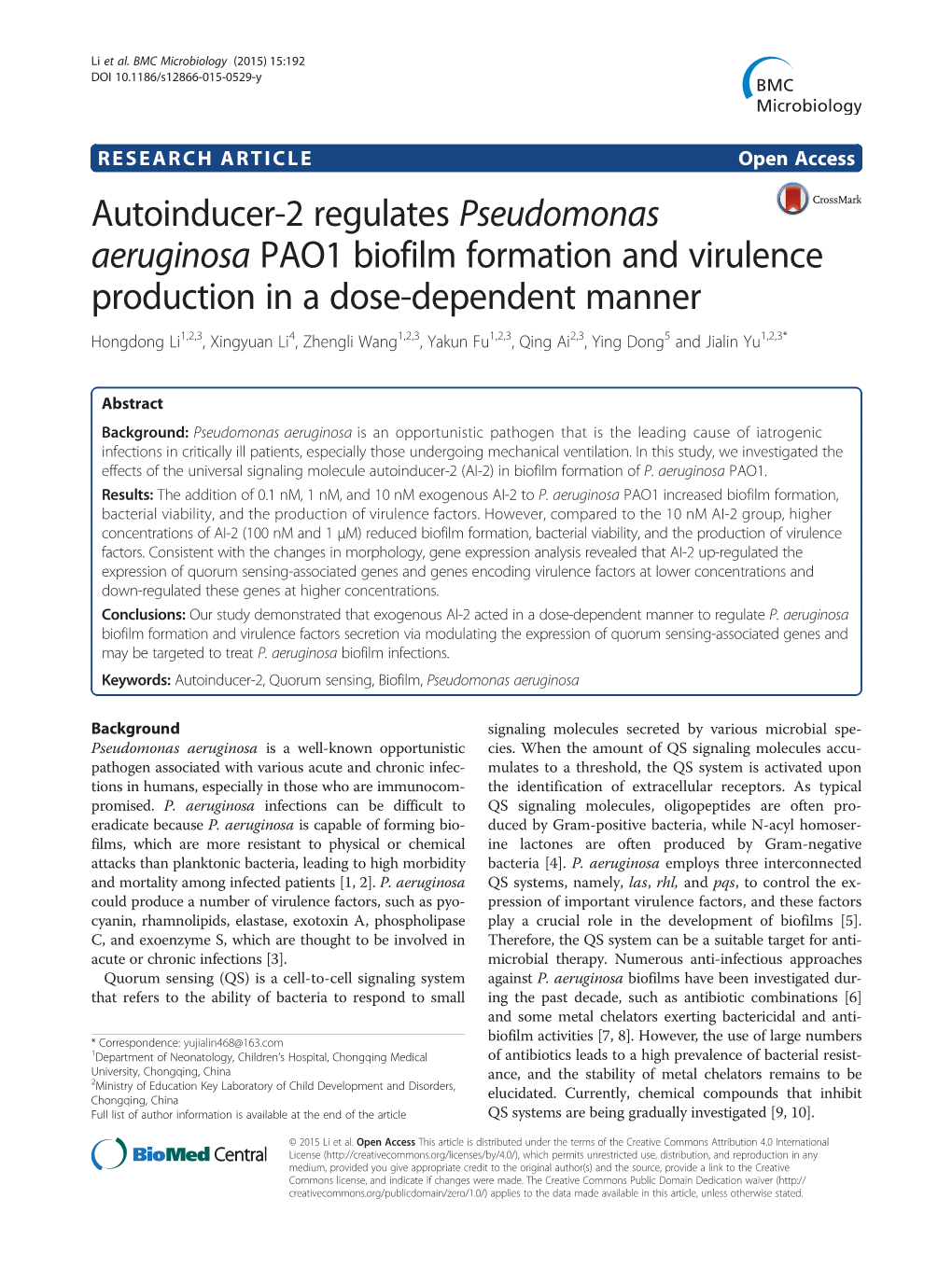 Autoinducer-2 Regulates Pseudomonas Aeruginosa PAO1