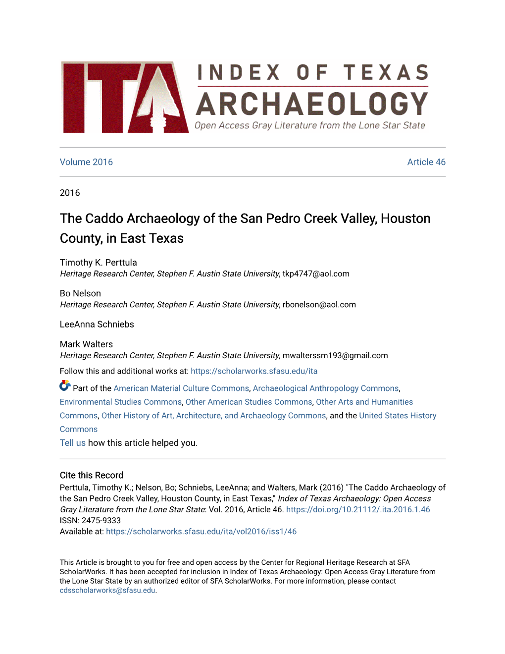 The Caddo Archaeology of the San Pedro Creek Valley, Houston County, in East Texas