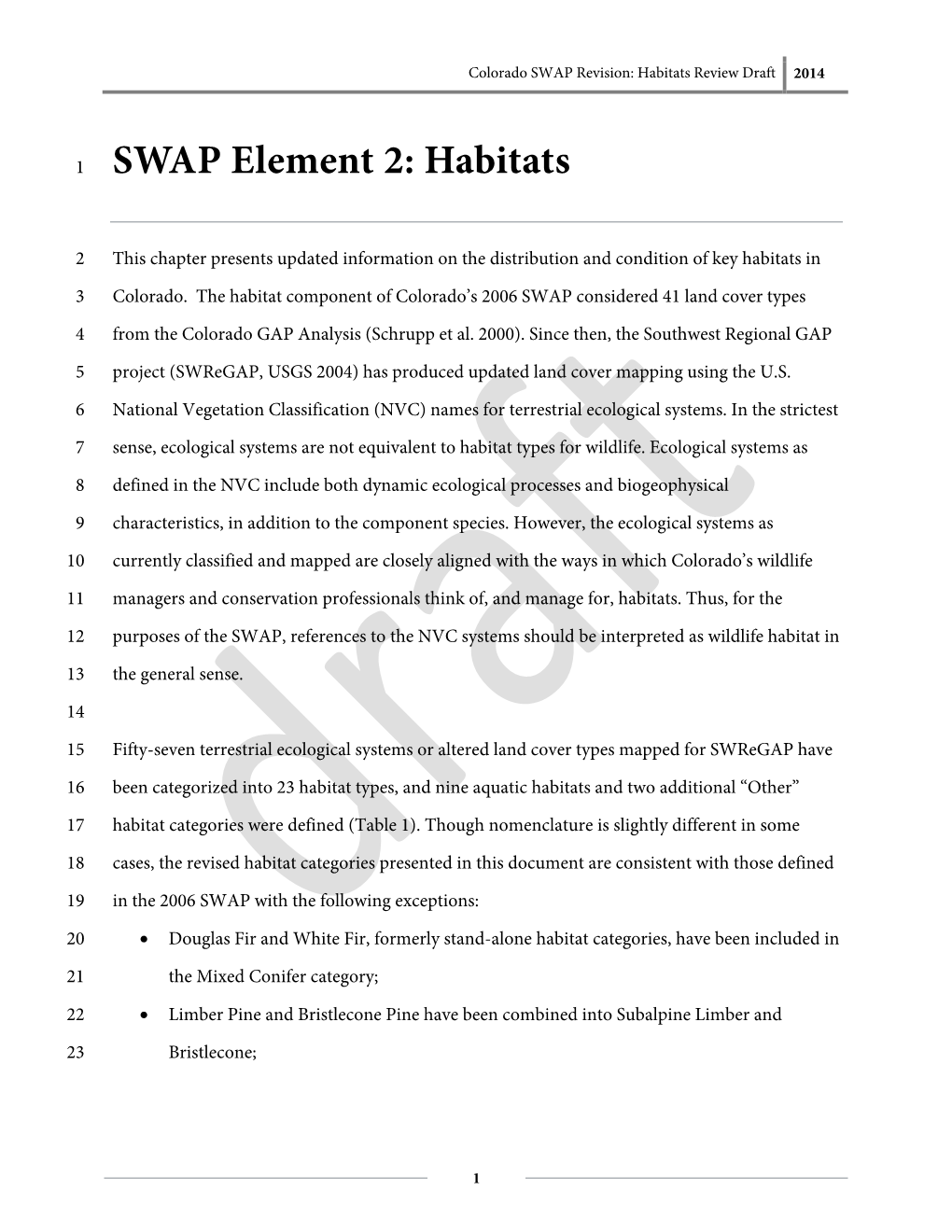 Colorado State Wildlife Action Plan Revision: Habitats Review Draft