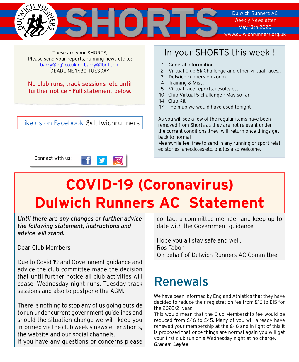 COVID-19 (Coronavirus) Dulwich Runners AC Statement