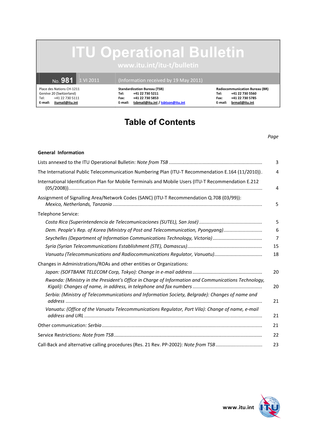 ITU Operational Bulletin