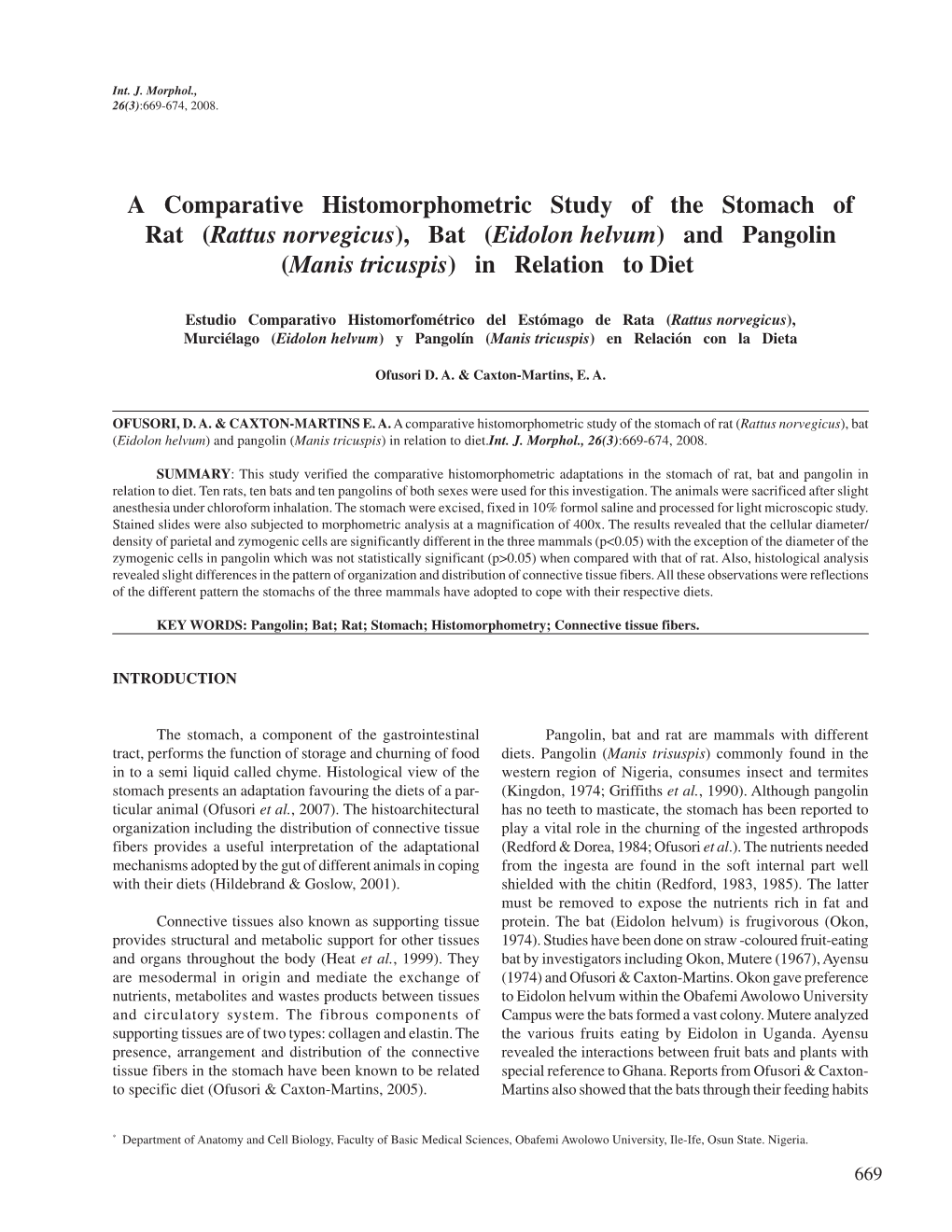 (Rattus Norvegicus), Bat (Eidolon Helvum) and Pangolin (Manis Tricuspis) in Relation to Diet