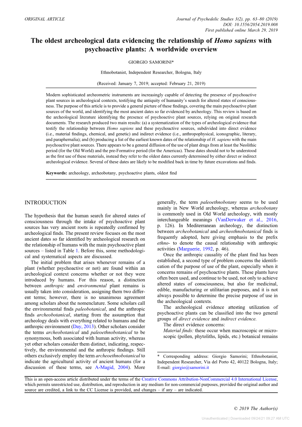 The Oldest Archeological Data Evidencing the Relationship of Homo Sapiens with Psychoactive Plants: a Worldwide Overview