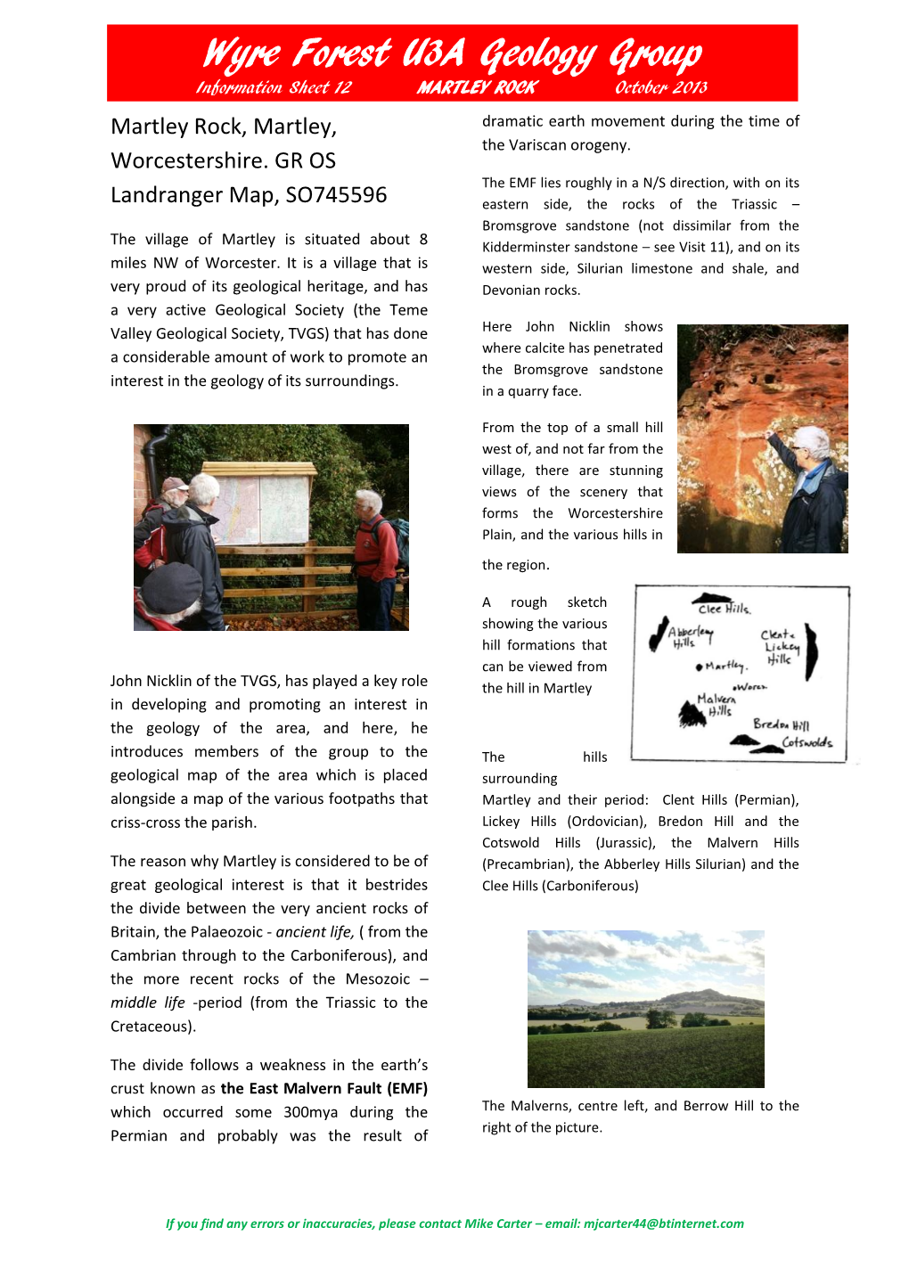 Wyre Forest U3A Geology Group Information Sheet 12 MARTLEY ROCK October 2013