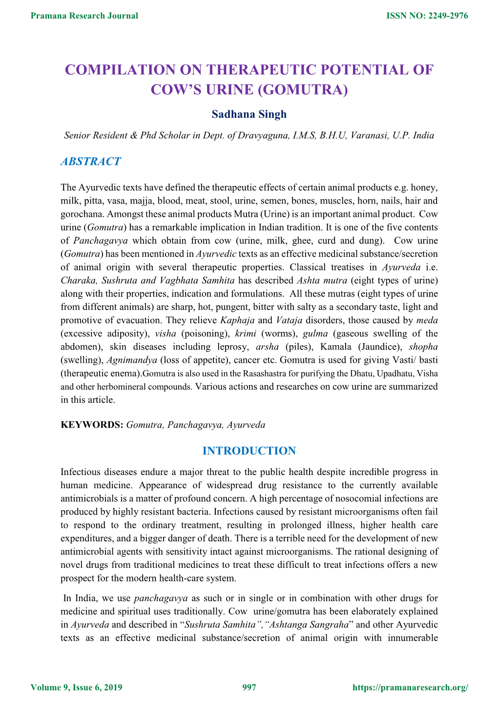 Compilation on Therapeutic Potential of Cow's Urine