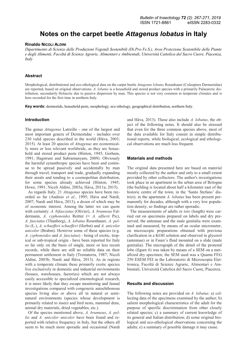 Notes on the Carpet Beetle Attagenus Lobatus in Italy