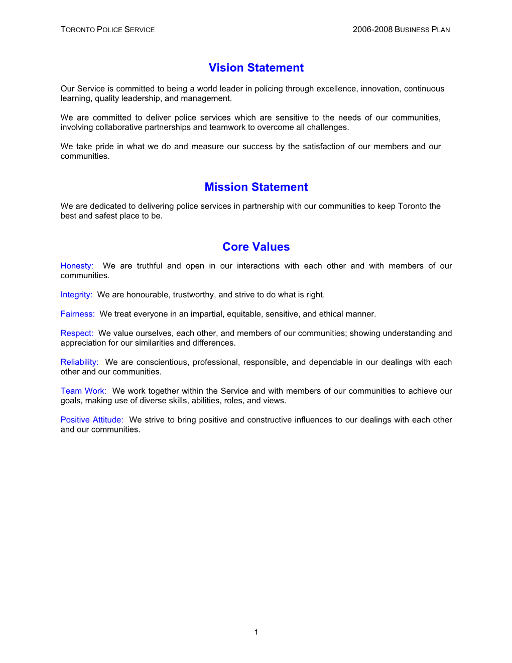 Vision Statement Mission Statement Core Values