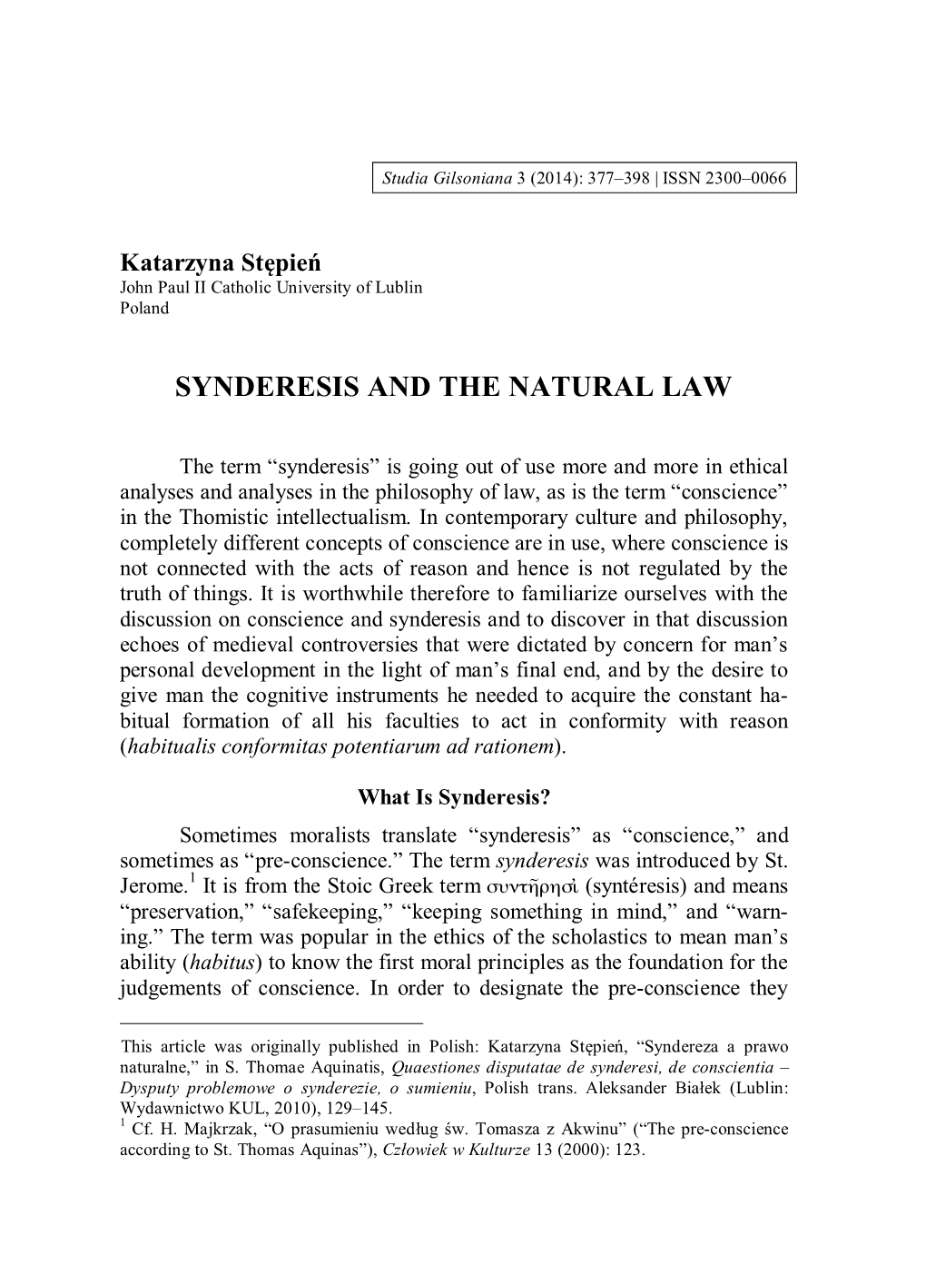 Synderesis and the Natural Law*