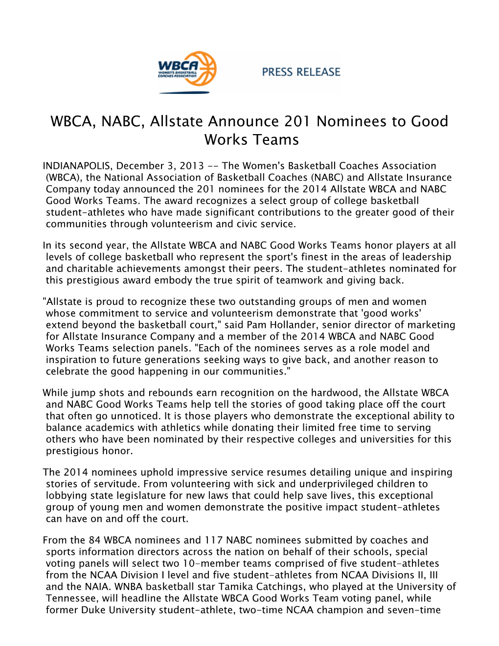 WBCA, NABC, Allstate Announce 201 Nominees to Good Works Teams