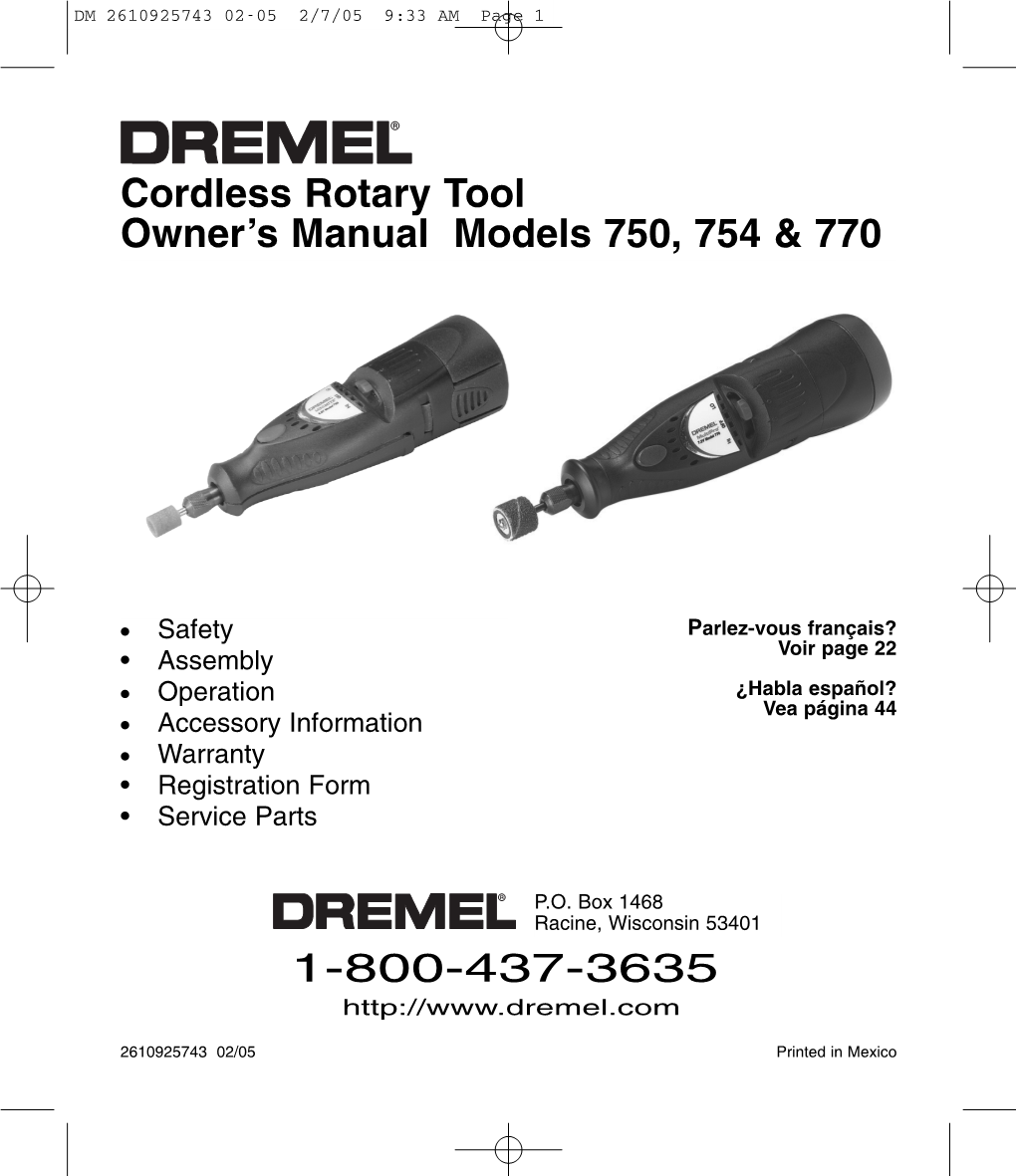 Cordless Rotary Tool Owner's Manual Models 750, 754 & 770 1-800-437