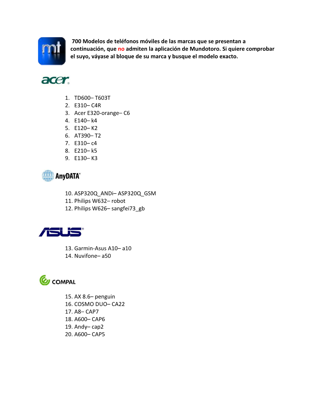 700 Modelos De Teléfonos Móviles De Las Marcas Que Se Presentan a Continuación, Que No Admiten La Aplicación De Mundotoro