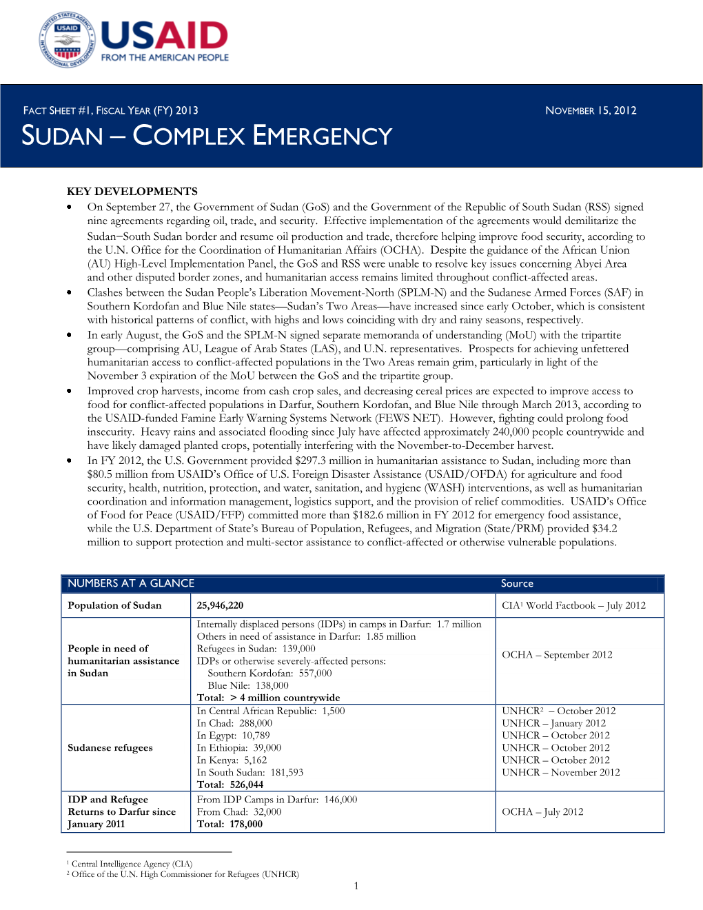 USAID Sudan Complex Emergency Fact Sheet #1 11/15/2012