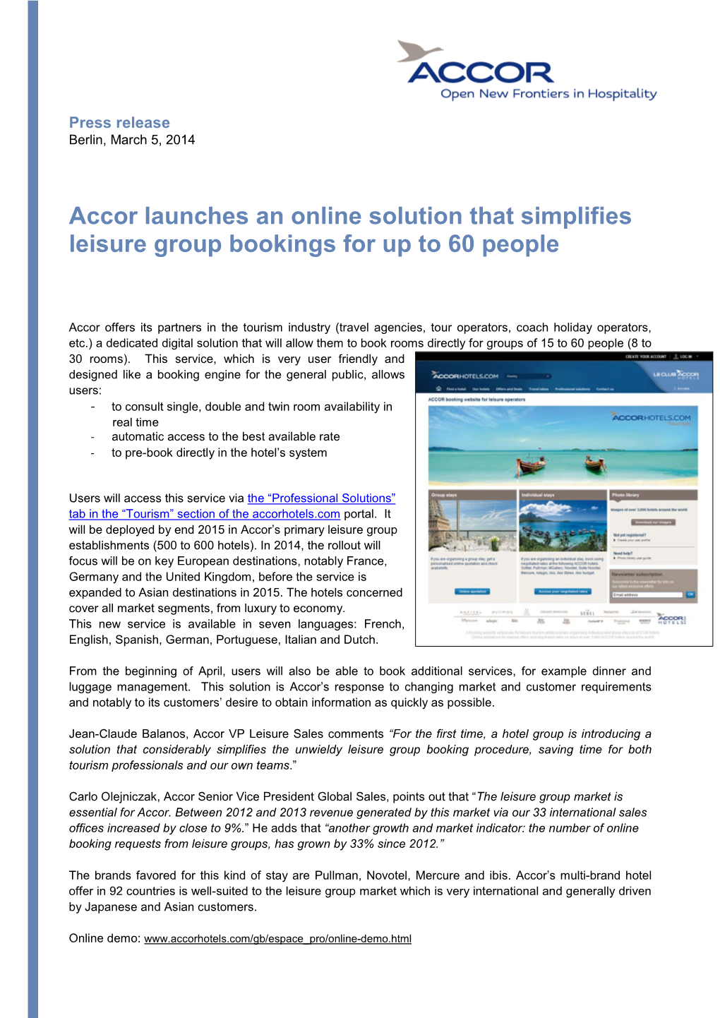 Accor Launches an Online Solution That Simplifies Leisure Group Bookings for up to 60 People