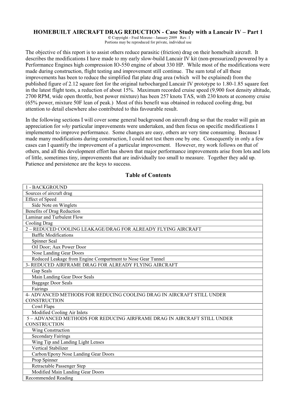 HOMEBUILT AIRCRAFT DRAG REDUCTION - Case Study with a Lancair IV – Part 1 © Copyright - Fred Moreno - January 2009 Rev