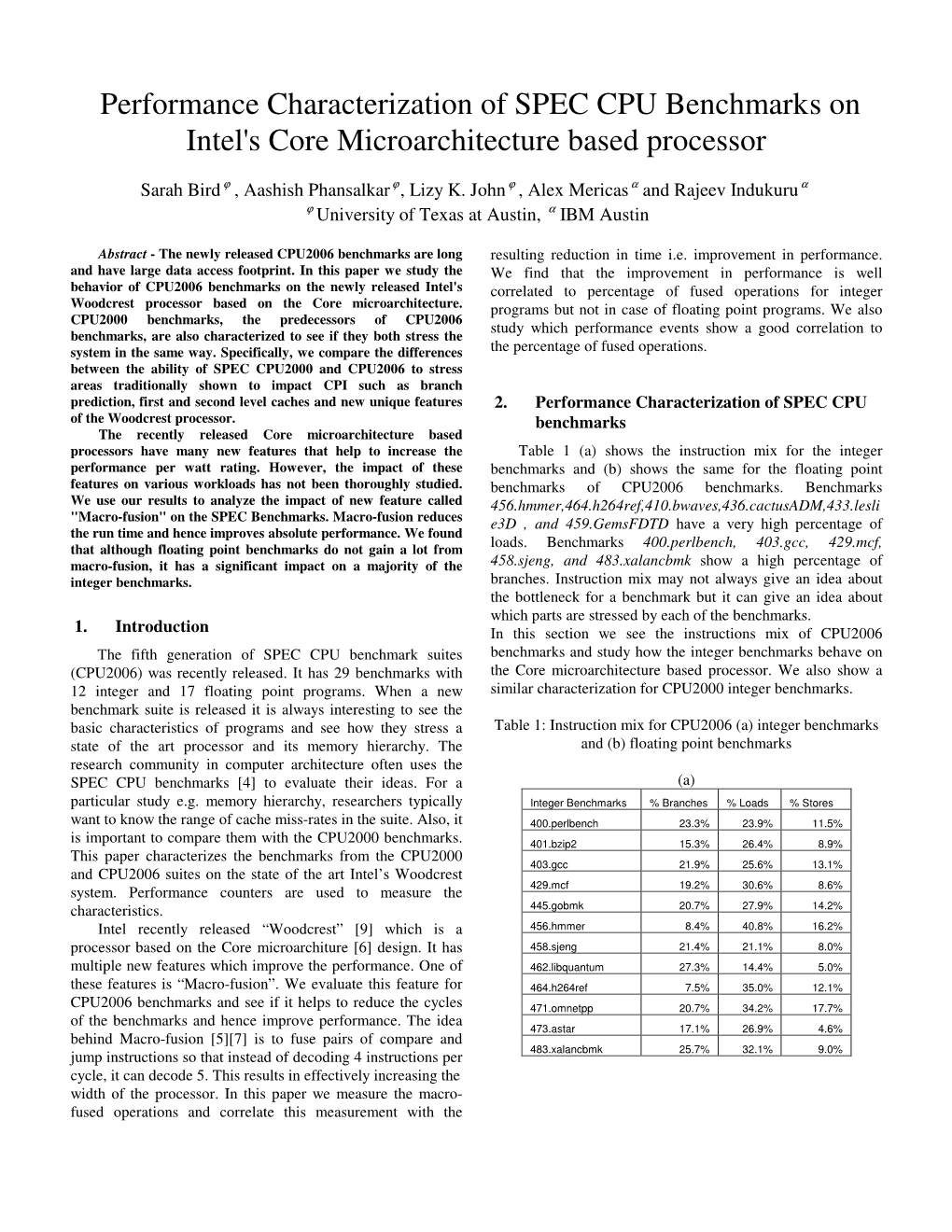 Performance Characterization of SPEC CPU Benchmarks on Intel's Core Microarchitecture Based Processor