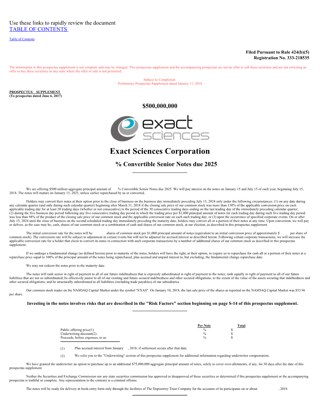 Exact Sciences Corporation % Convertible Senior Notes Due 2025