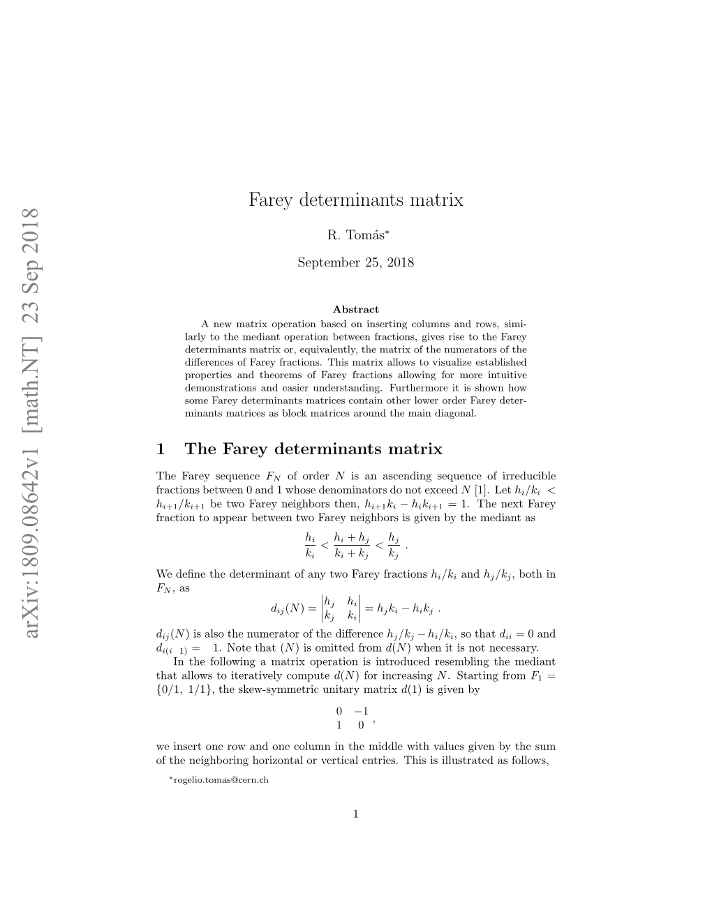 Farey Determinants Matrix