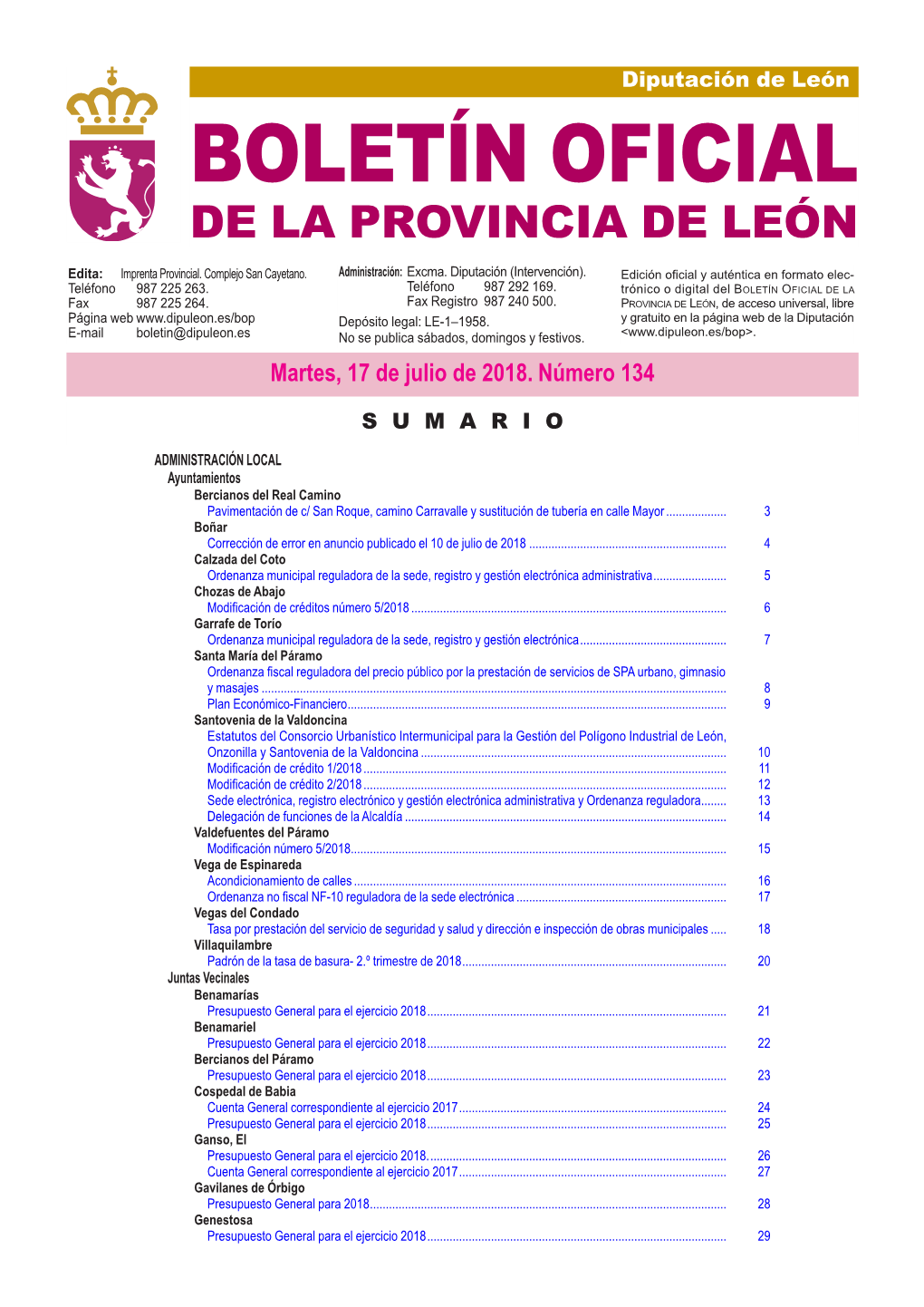 BOLETÍN OFICIAL DE LA PROVINCIA DE LEÓN Edita: Imprenta Provincial