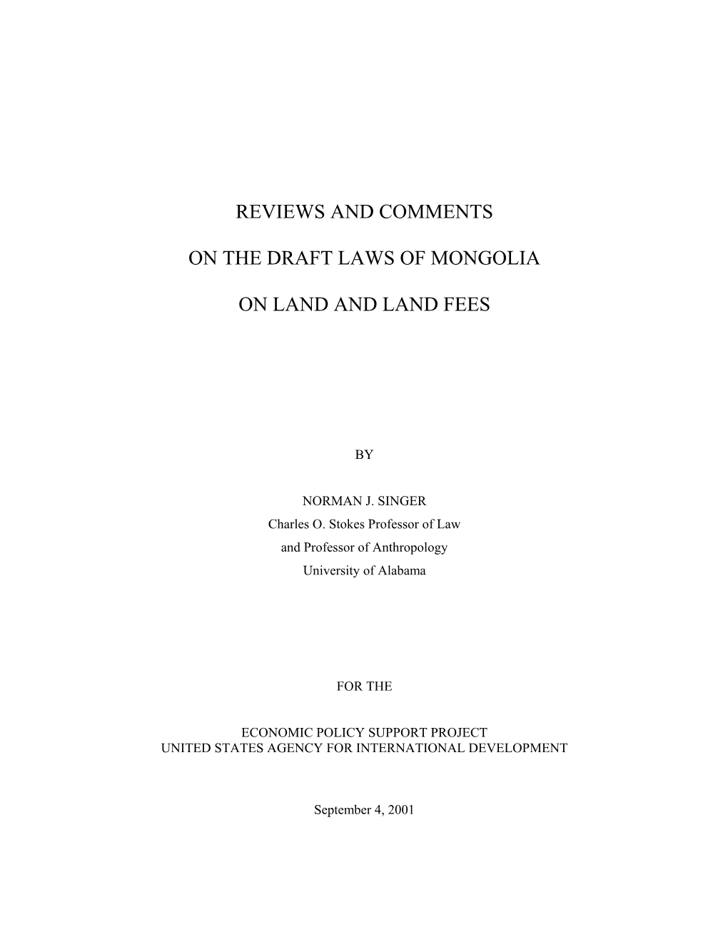 Reviews and Comments on the Draft Laws of Mongolia On