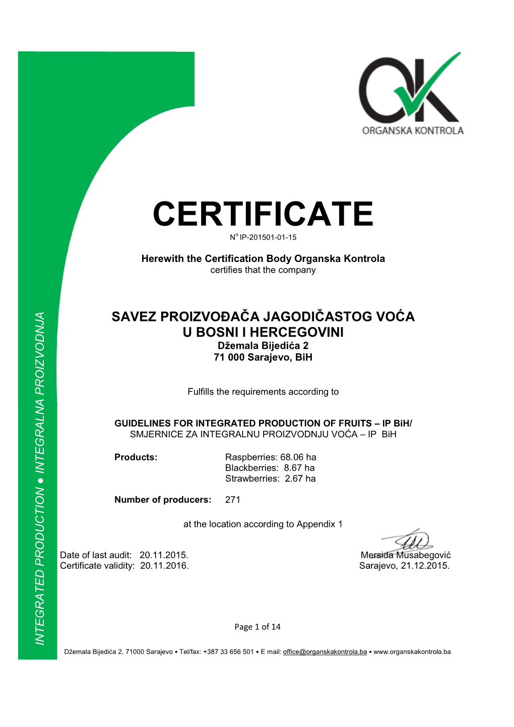 CERTIFICATE No IP -2015 01 -01 -15