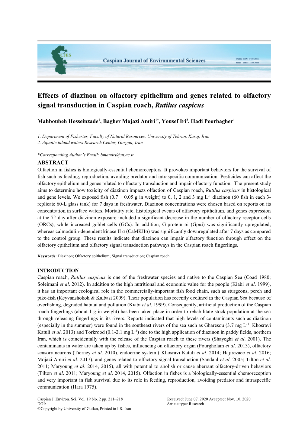 Effects of Diazinon on Olfactory Epithelium and Genes Related to Olfactory Signal Transduction in Caspian Roach, Rutilus Caspicus