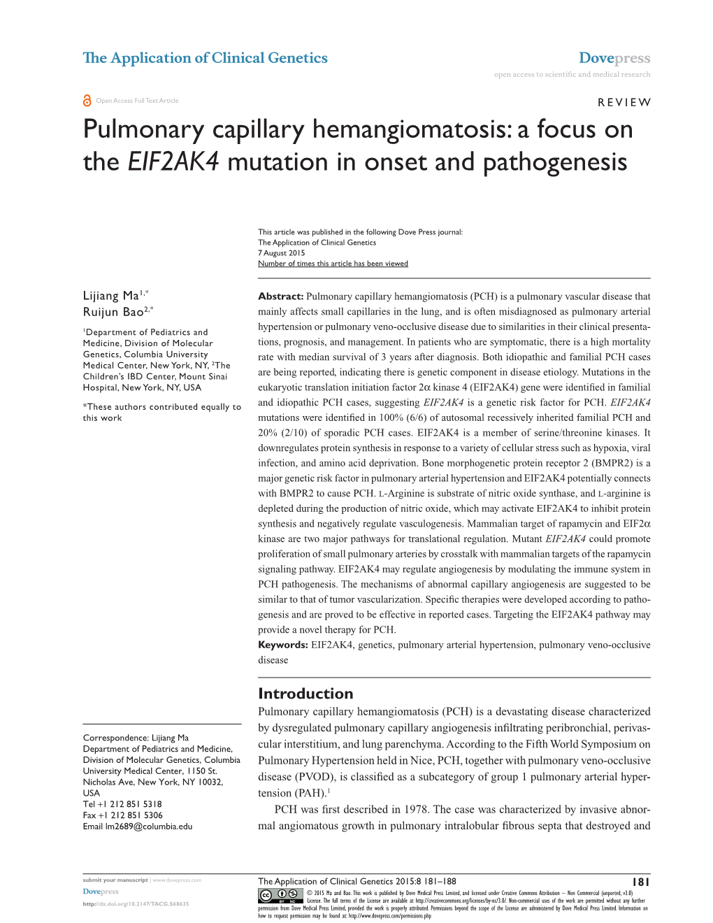 Pulmonary Capillary Hemangiomatosis: a Focus on the EIF2AK4 Mutation in Onset and Pathogenesis