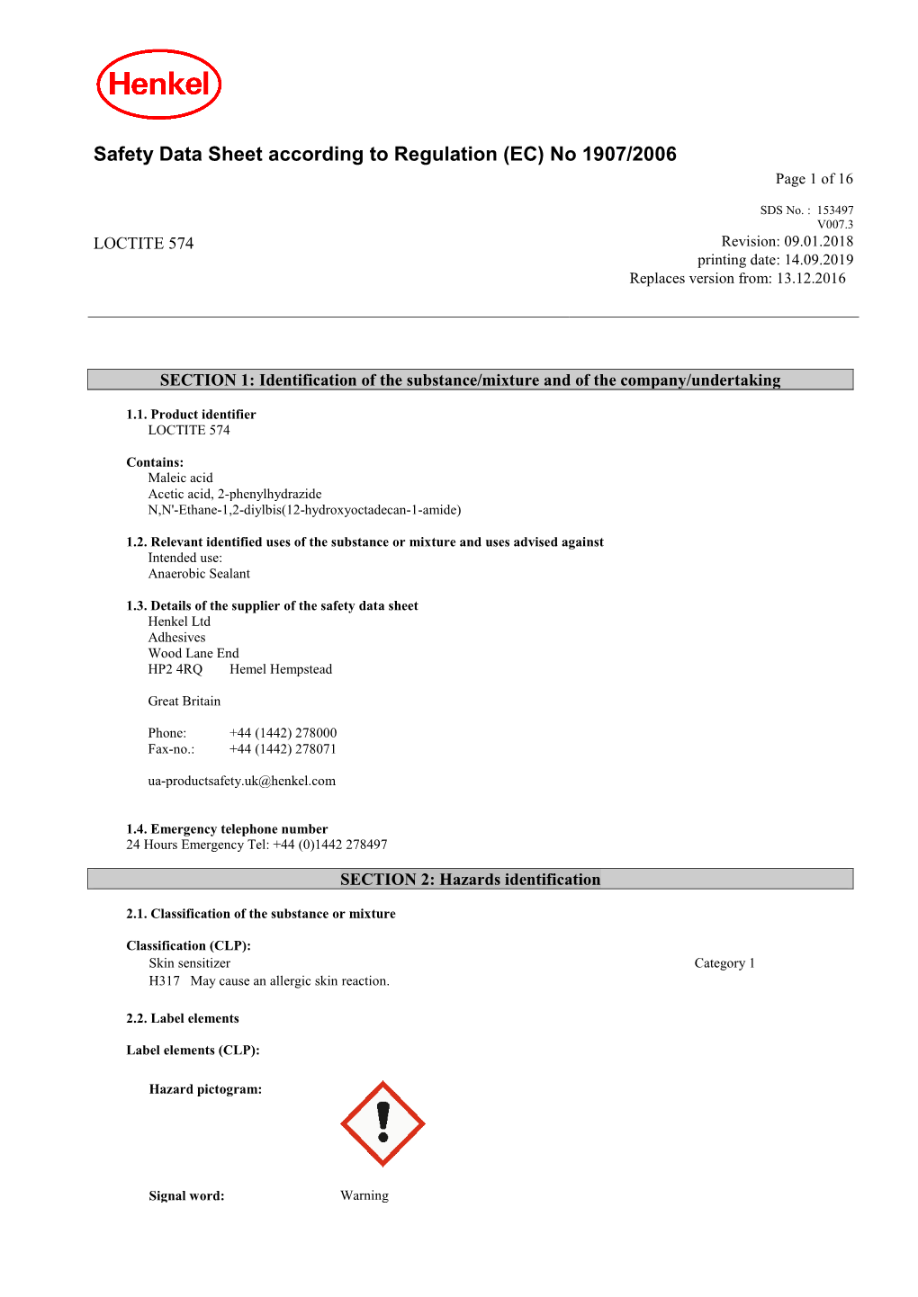 Safety Data Sheet According to Regulation (EC) No 1907/2006 Page 1 of 16