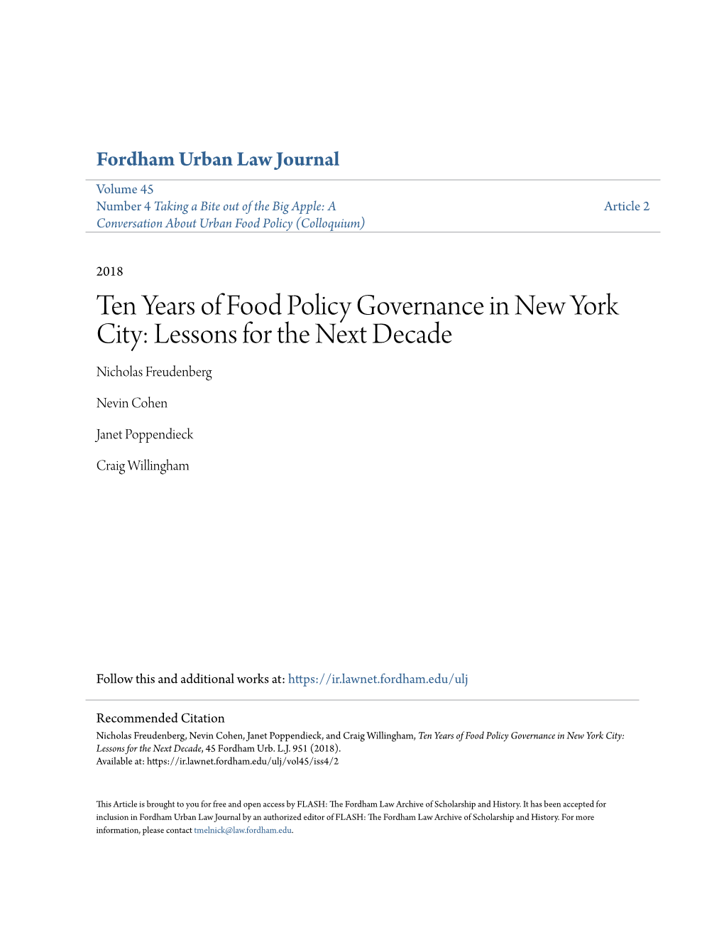 Ten Years of Food Policy Governance in New York City: Lessons for the Next Decade Nicholas Freudenberg