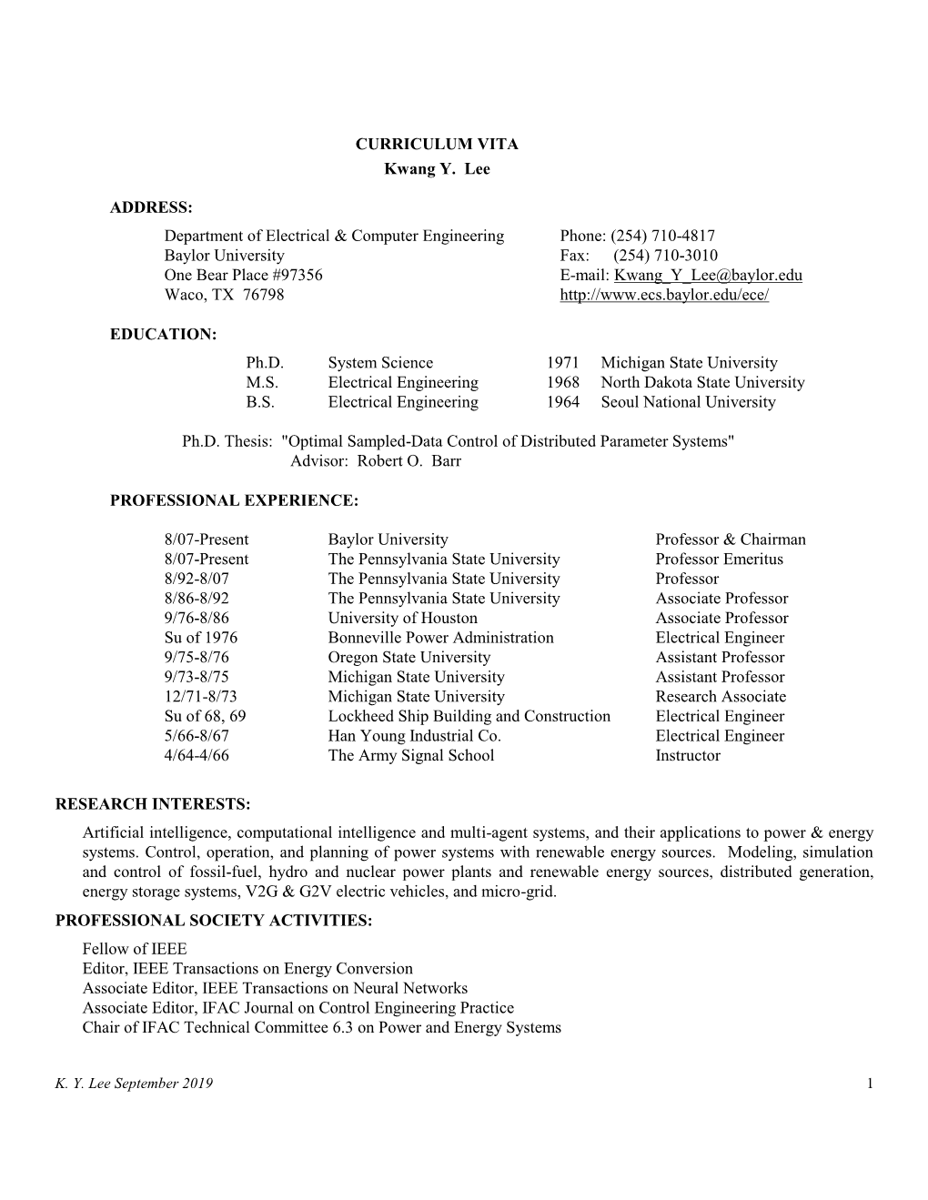 CURRICULUM VITA Kwang Y. Lee ADDRESS