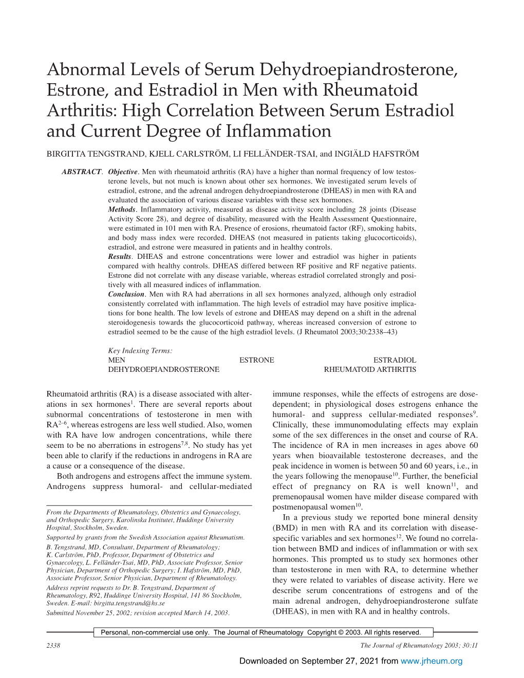 Abnormal Levels of Serum Dehydroepiandrosterone, Estrone