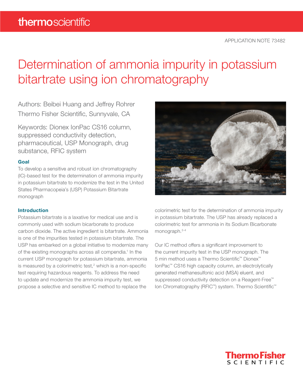 Determination of Ammonia Impurity in Potassium Bitartrate Using Ion Chromatography