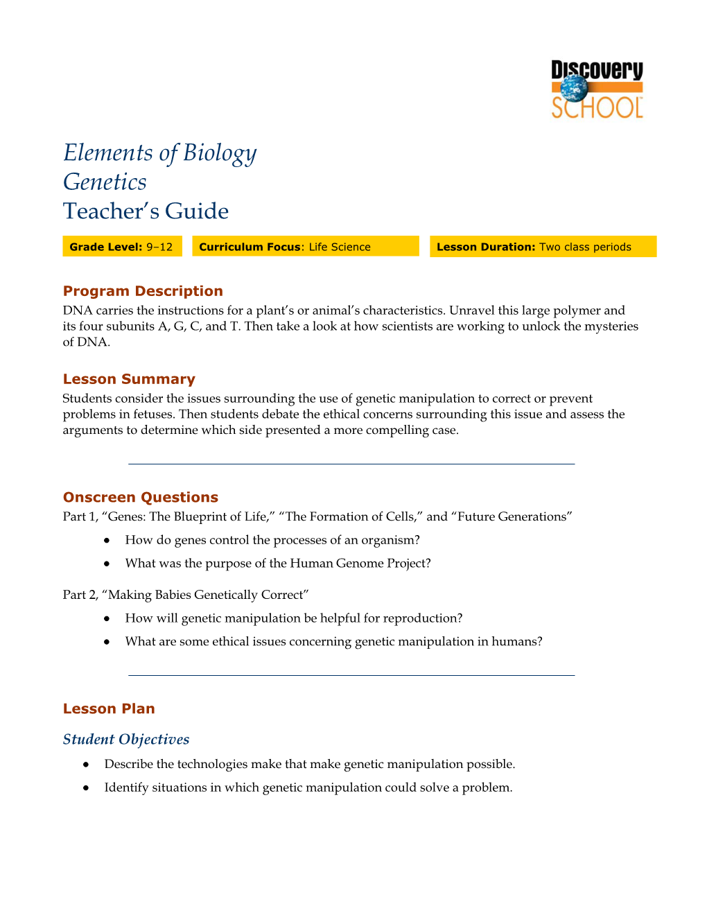Elements of Biology Genetics Teacher’S Guide 2