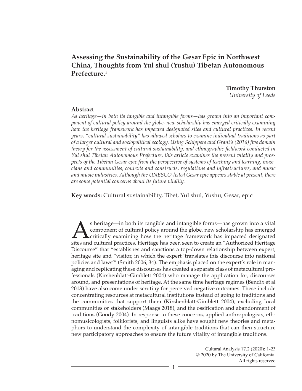 Assessing the Sustainability of the Gesar Epic in Northwest China, Thoughts from Yul Shul (Yushu) Tibetan Autonomous Prefecture.1