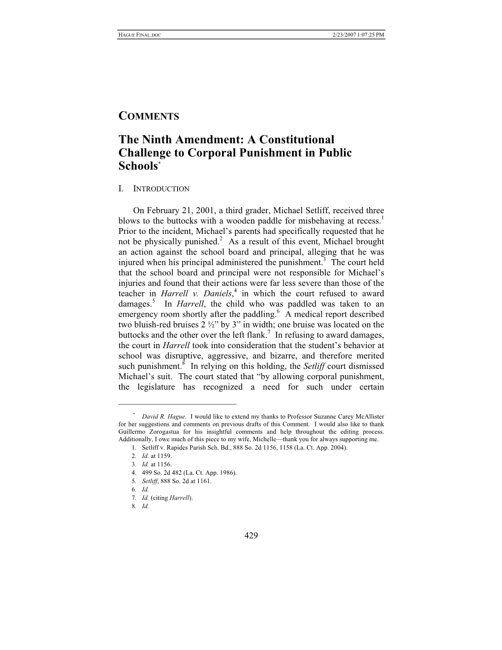 The Ninth Amendment: a Constitutional Challenge to Corporal Punishment in Public Schools*