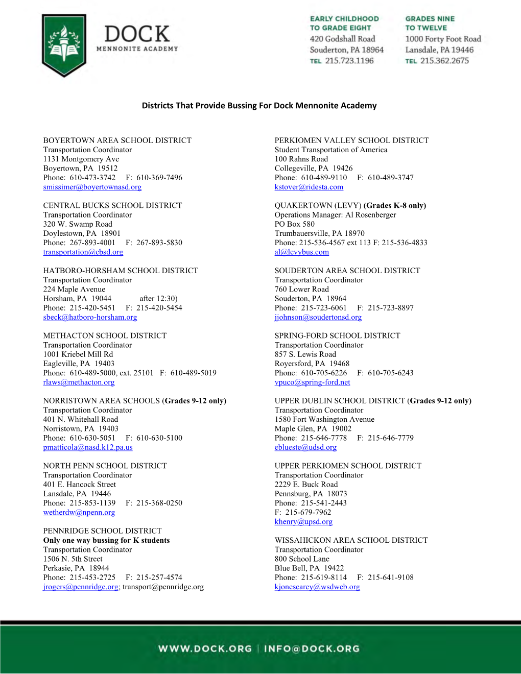 Districts That Provide Bussing for Dock Mennonite Academy