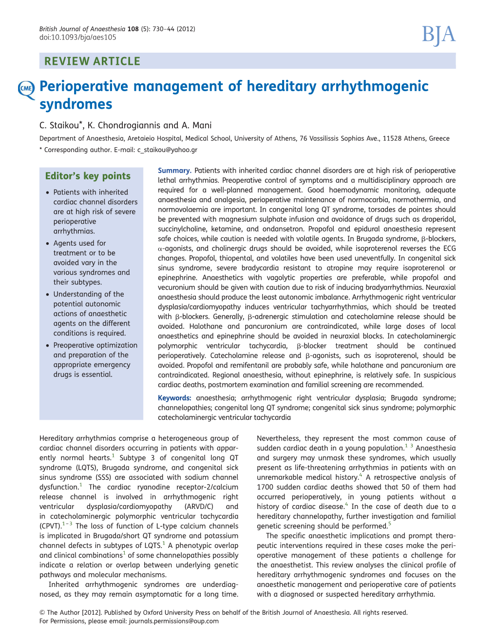 Perioperative Management of Hereditary Arrhythmogenic Syndromes