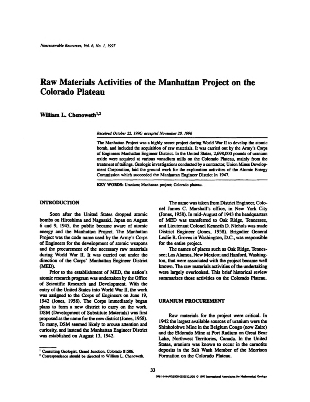 Raw Materials Activities of the Manhattan Project on the Colorado Plateau