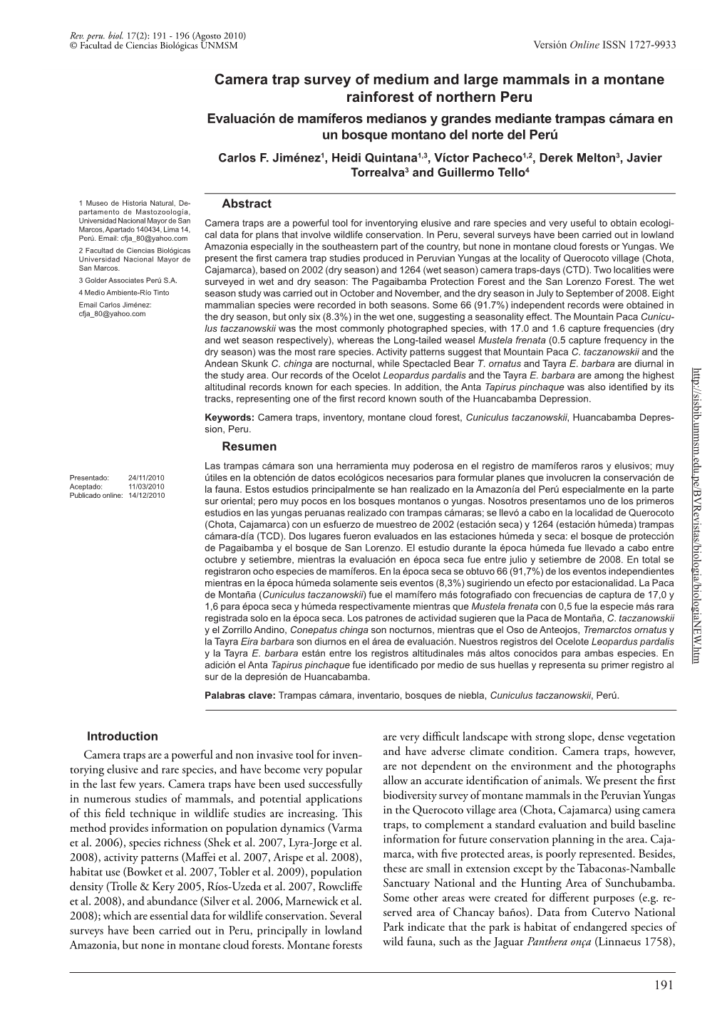 Camera Trap Survey of Medium and Large Mammals in a Montane