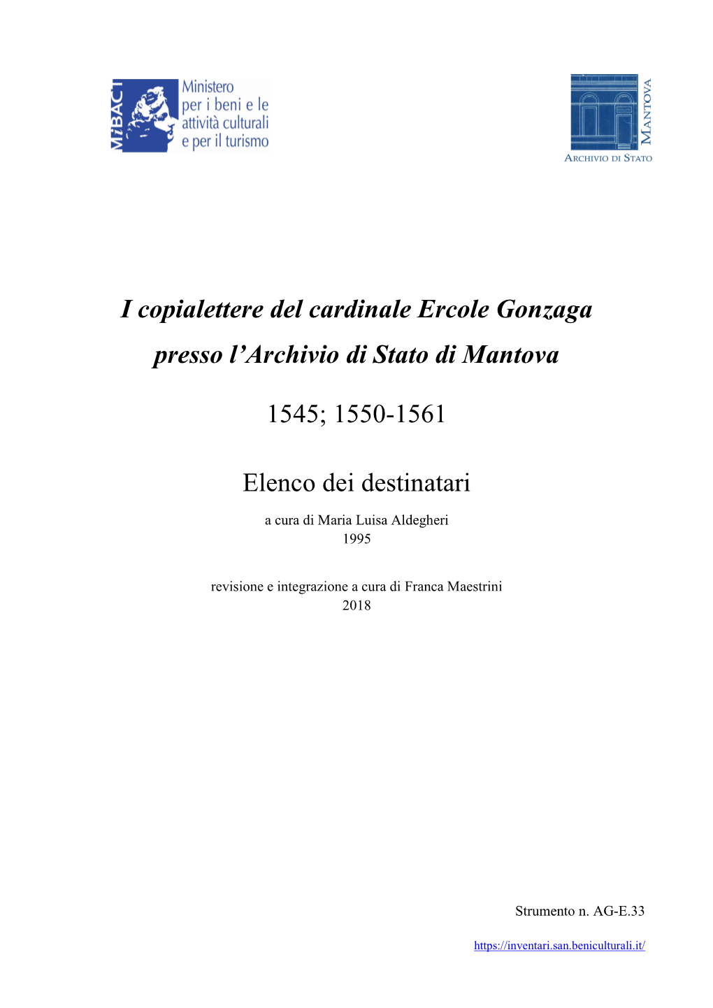 I Copialettere Del Cardinale Ercole Gonzaga Presso L'archivio Di Stato
