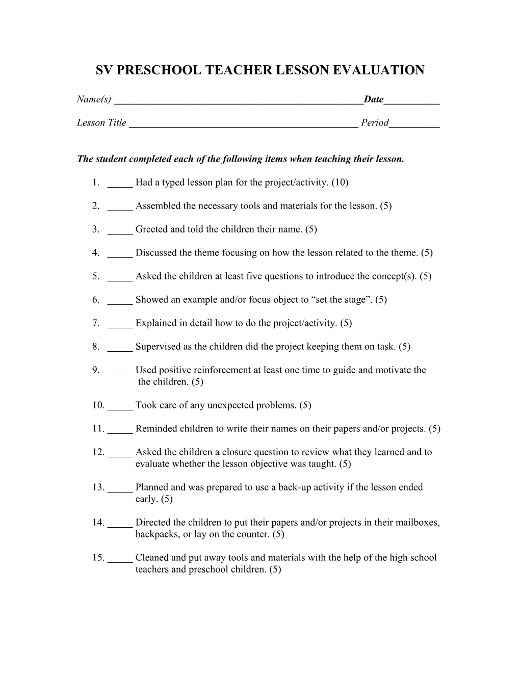 Sv Preschool Teacher Lesson Evaluation