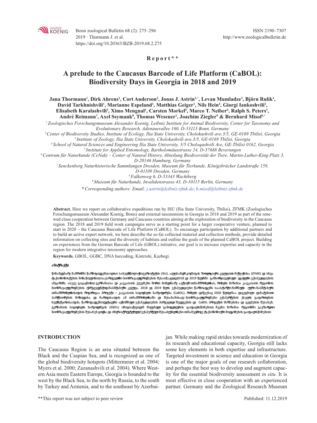 A Prelude to the Caucasus Barcode of Life Platform (Cabol): Biodiversity Days in Georgia in 2018 and 2019