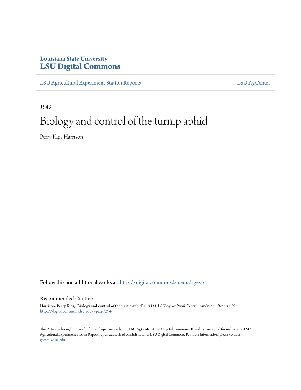 Biology and Control of the Turnip Aphid Perry Kips Harrison