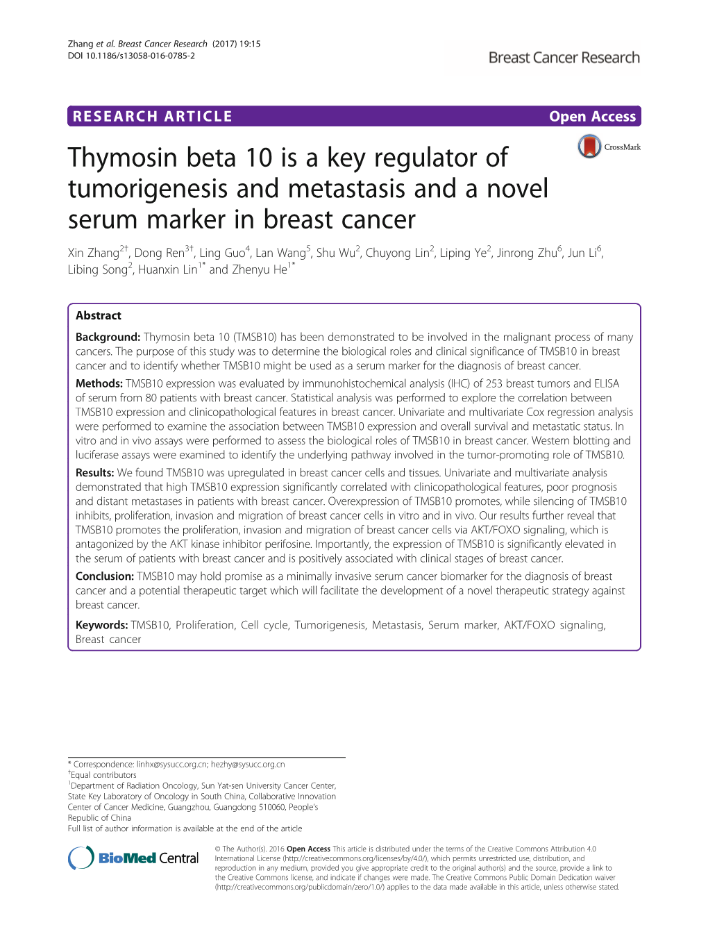 Thymosin Beta 10 Is a Key Regulator of Tumorigenesis and Metastasis And