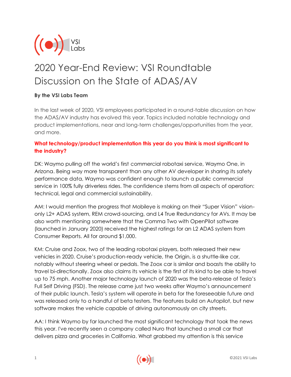2020 Year-End Review: VSI Roundtable Discussion on the State of ADAS/AV